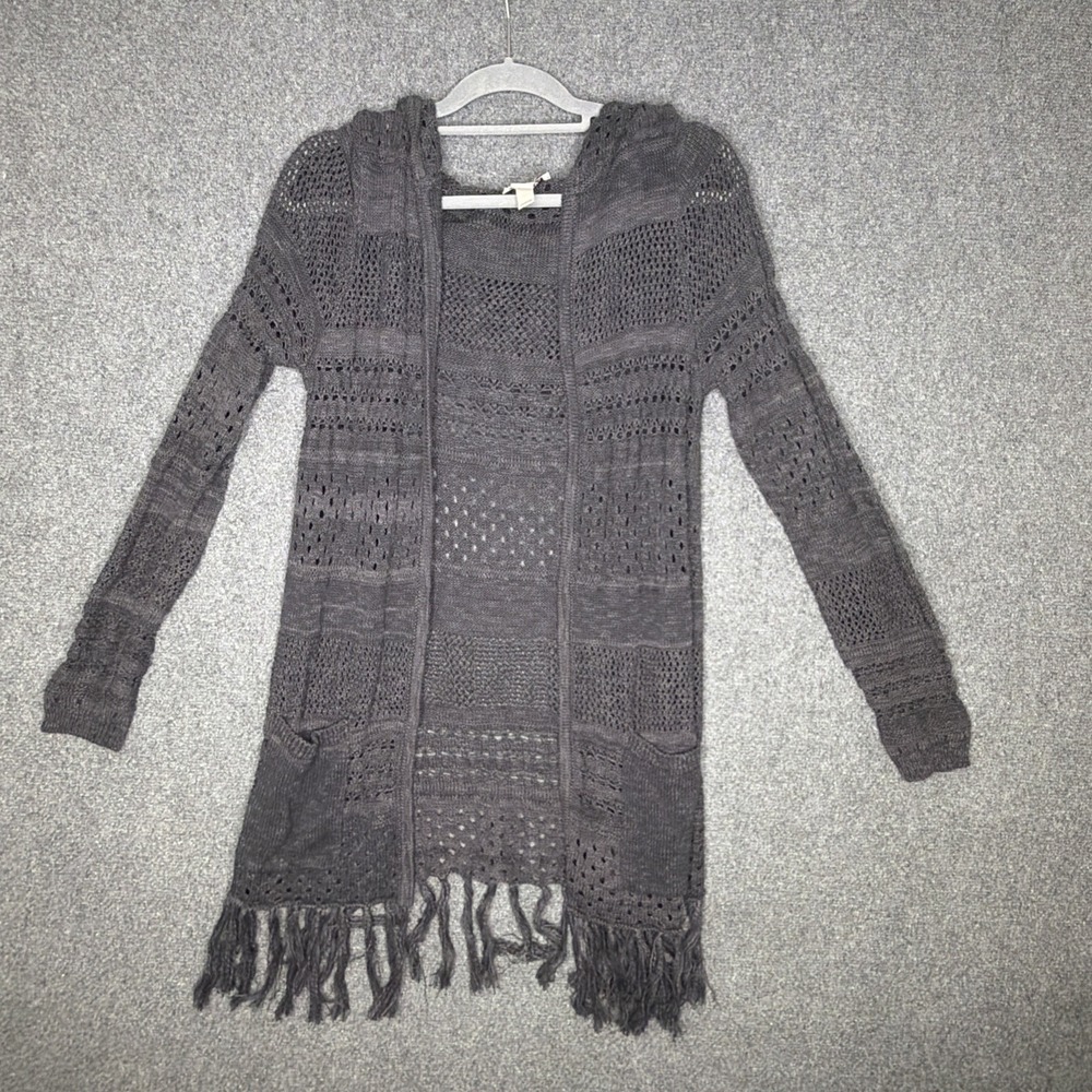Mudd Pointelle Duster Cardigan Sweater Charcoal Gray Hooded Fringe Open Front L